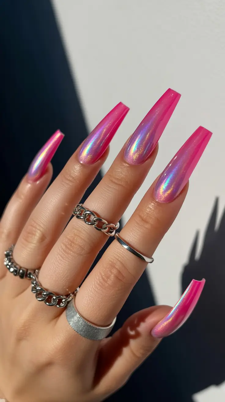 coffin nail designs 2026 Pink Chrome Coffin Nails