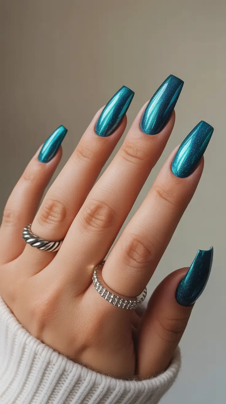 coffin nail designs 2026 Teal Chrome Coffin Nails