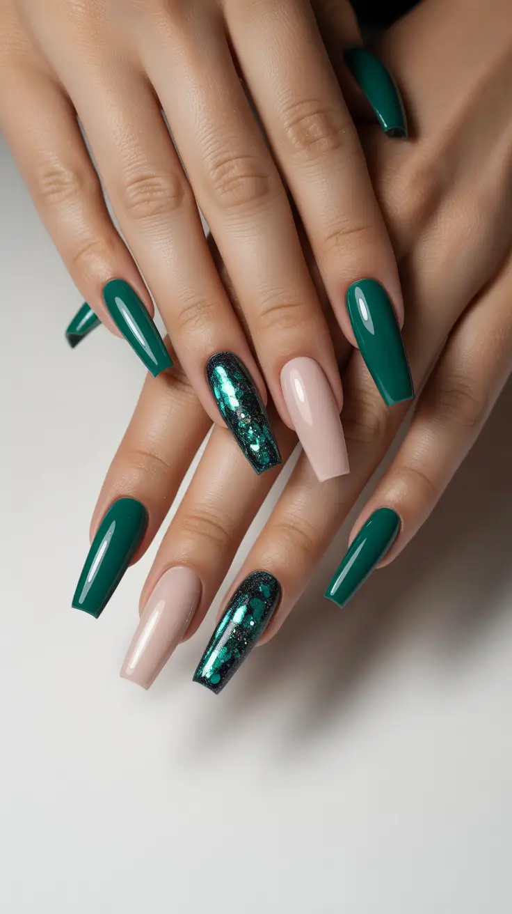 coffin nail designs 2026 Emerald Accent Coffin Nails