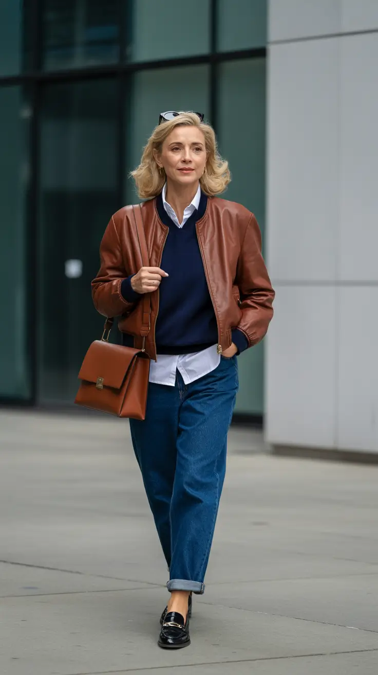 cozy spring outfits for women over 50 2026 Soft Leather and Denim With Urban Ease