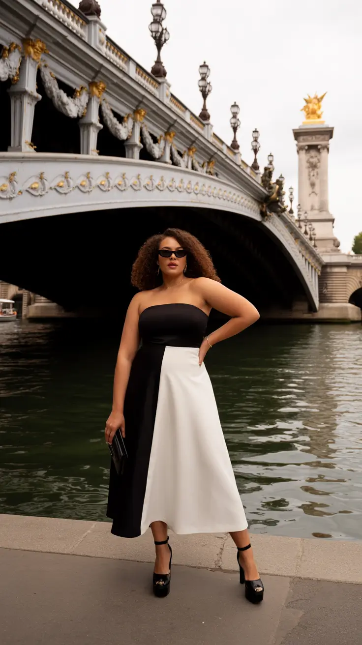 cute plus size spring outfits for women 2026 Graphic Contrast With a Parisian Attitude