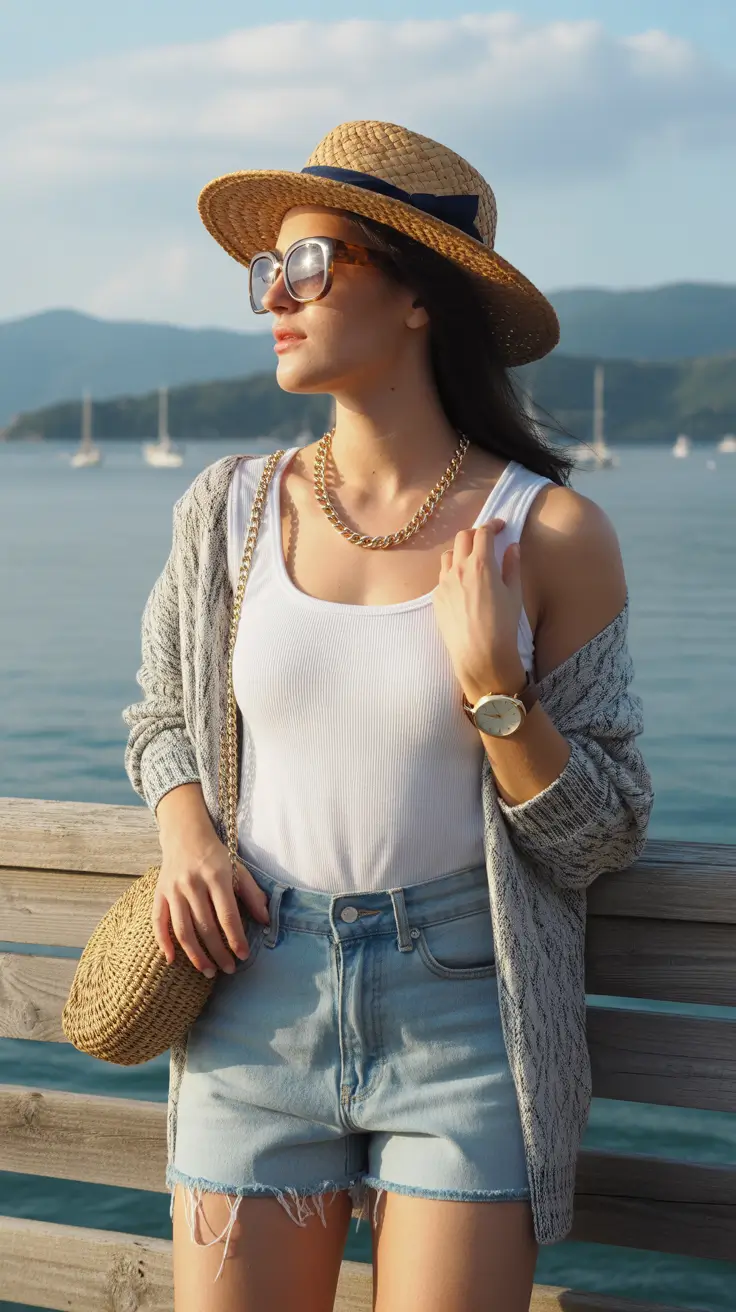 cute spring beach outfits for 2026 Denim Shorts with a Breezy Layered Twist