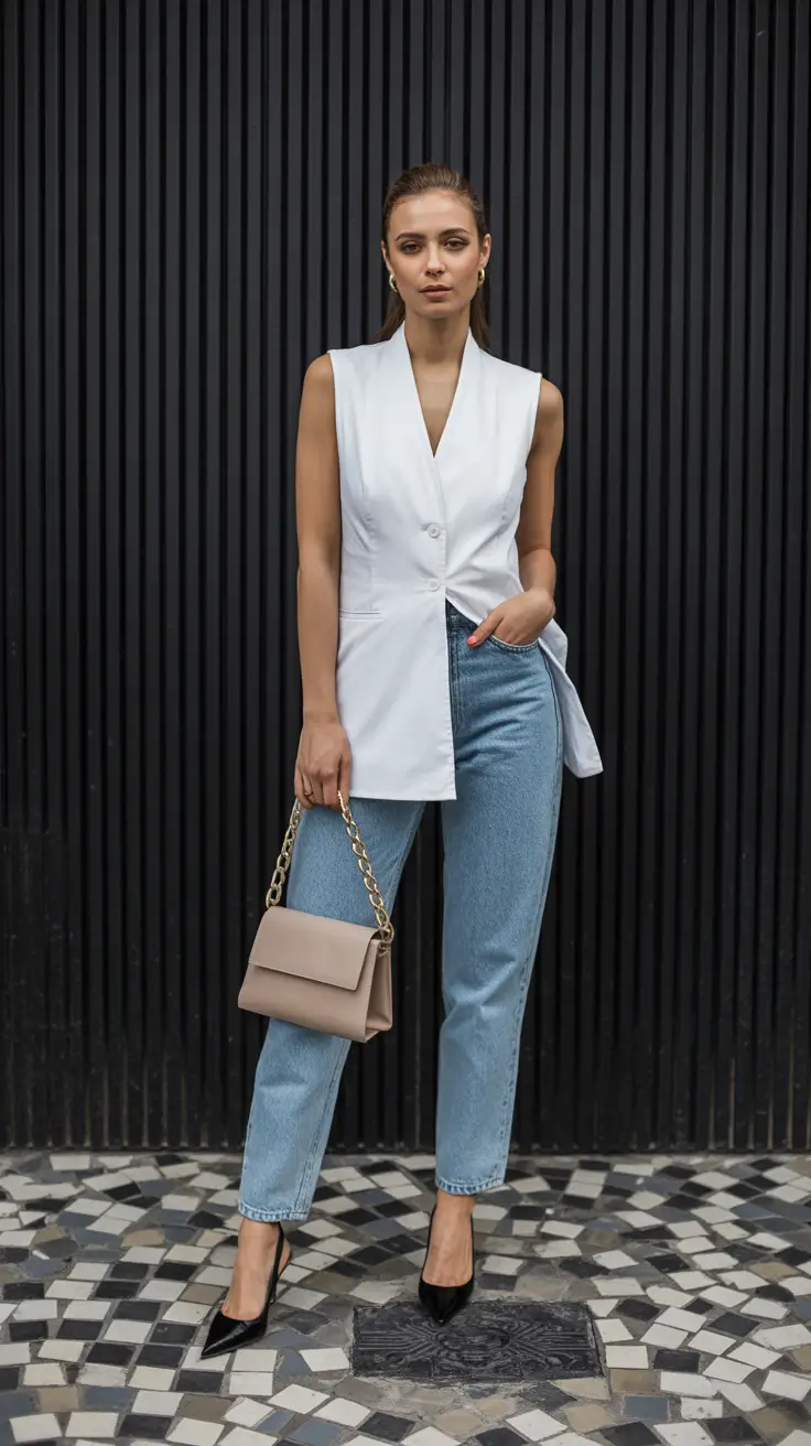 cute spring outfits with tops 2026 Elongated White Vests That Redefine Denim