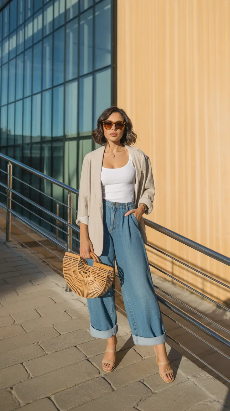 effortless denim spring outfits 2026 Wide Leg Denim With Soft Neutral Layers