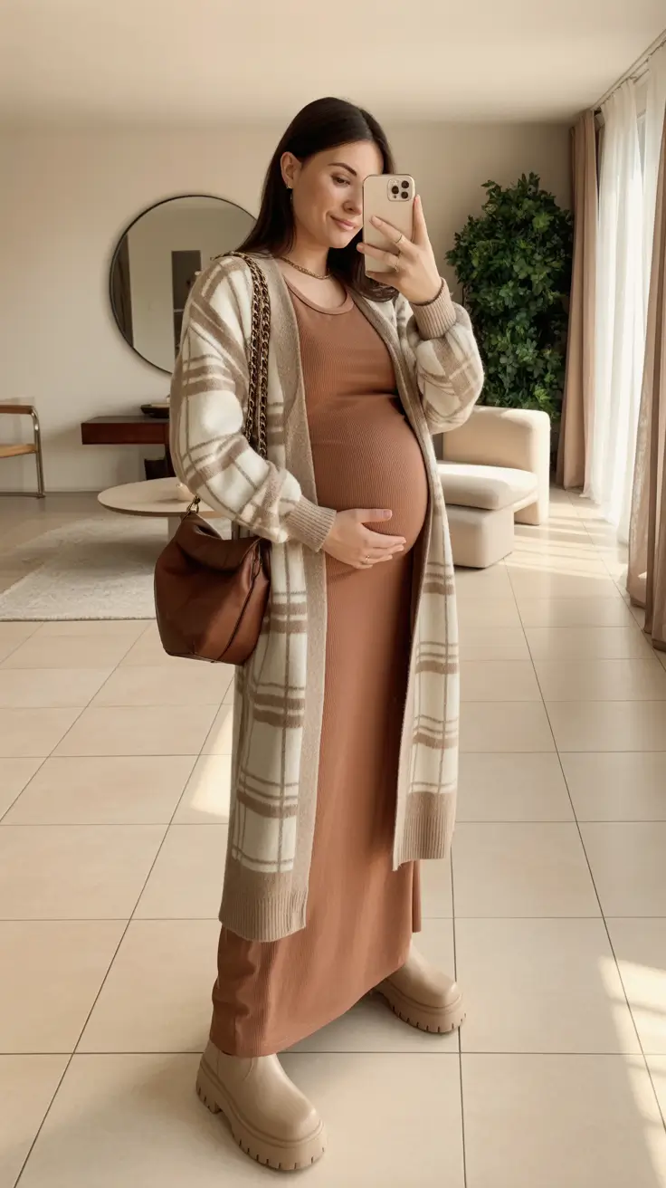 essential spring outfit for pregnant women 2026 Warm Neutrals With Cozy Texture