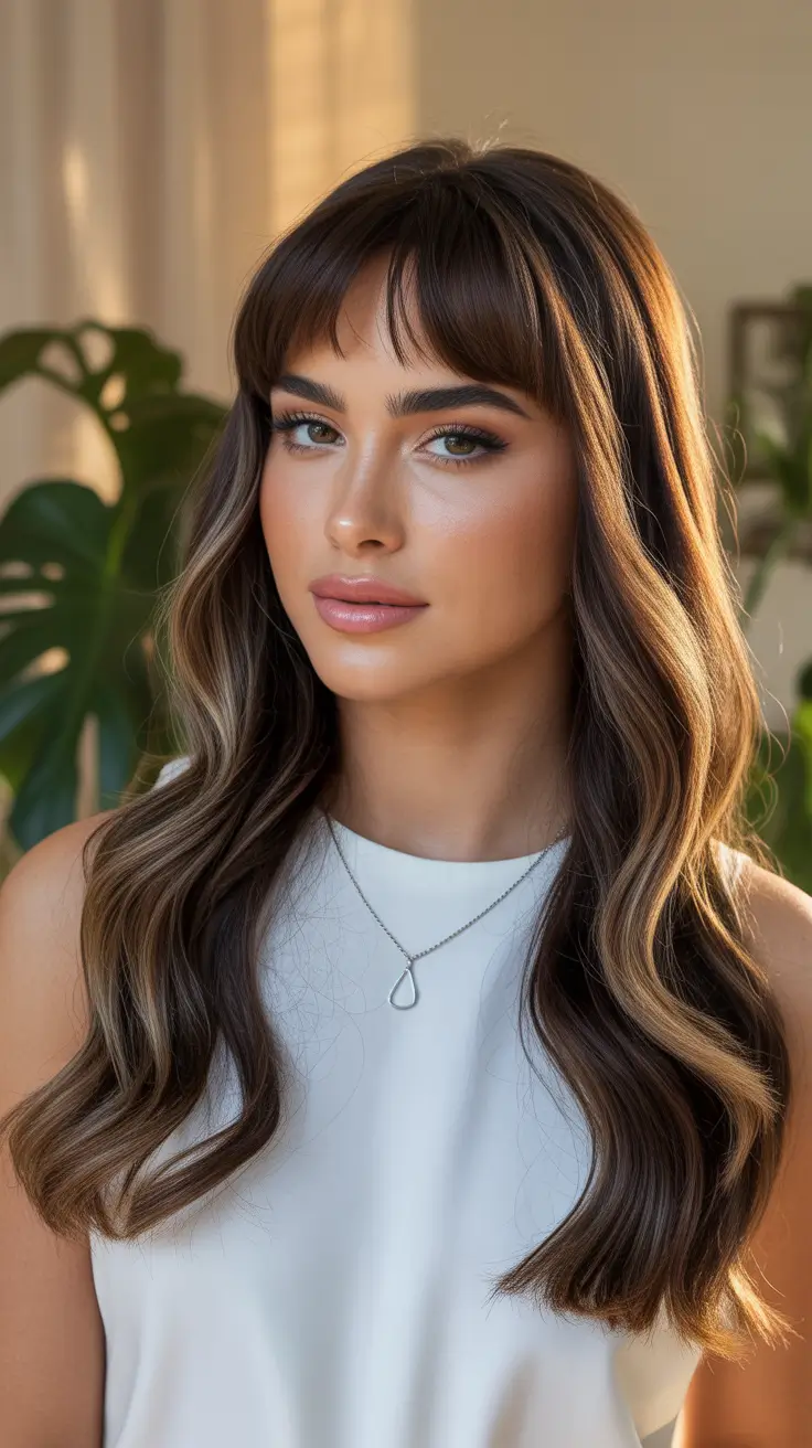 February Haircut Ideas 2026 Long Layered Brunette With Soft Fringe