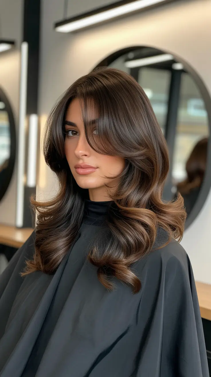 February Haircut Ideas 2026 Glossy Espresso Layers With Face Sweeping Volume