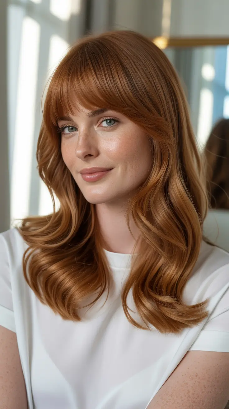 February Haircut Ideas 2026 Warm Copper Length With Soft Fringe