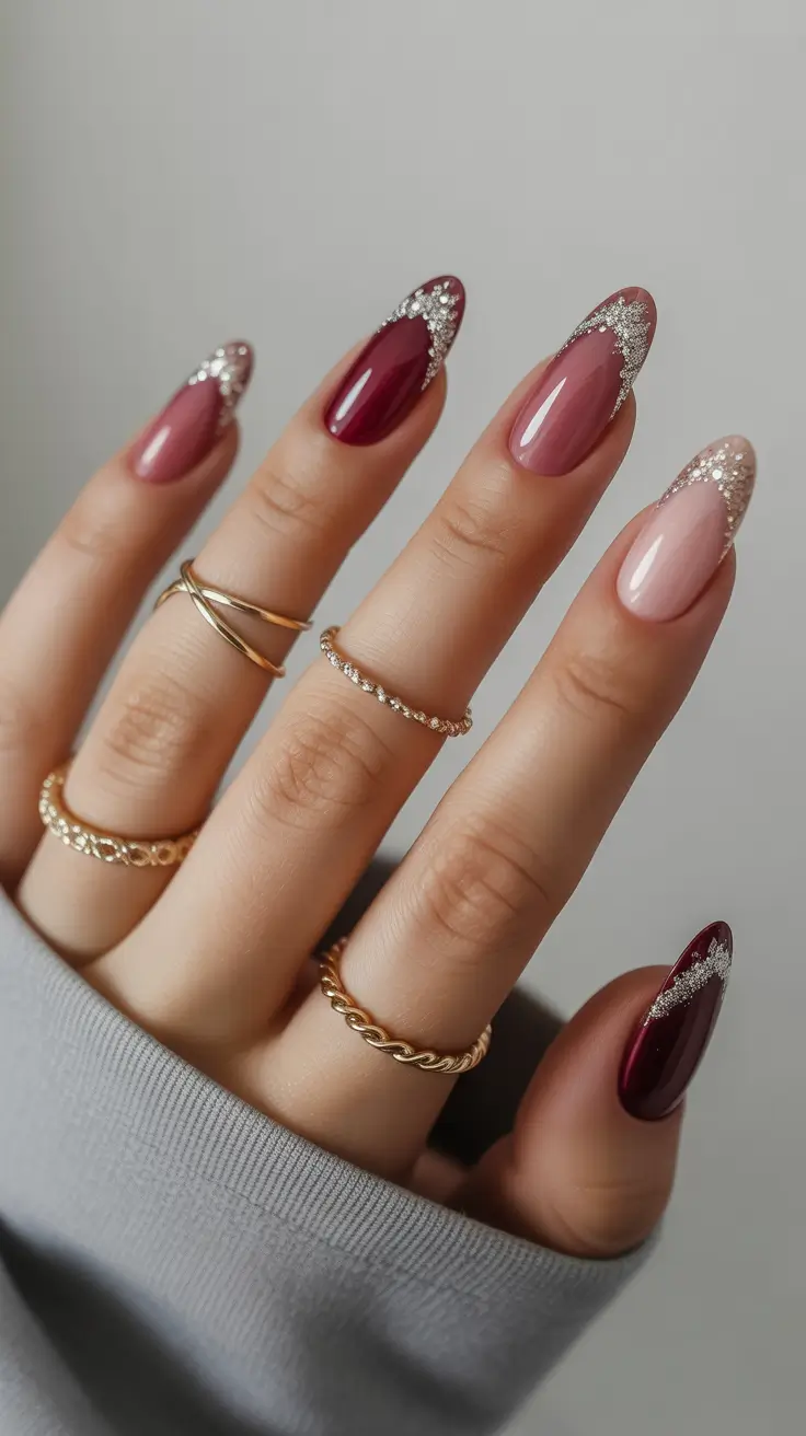 February nails designs 2026 Burgundy and Blush Nails With Glittered Tips
