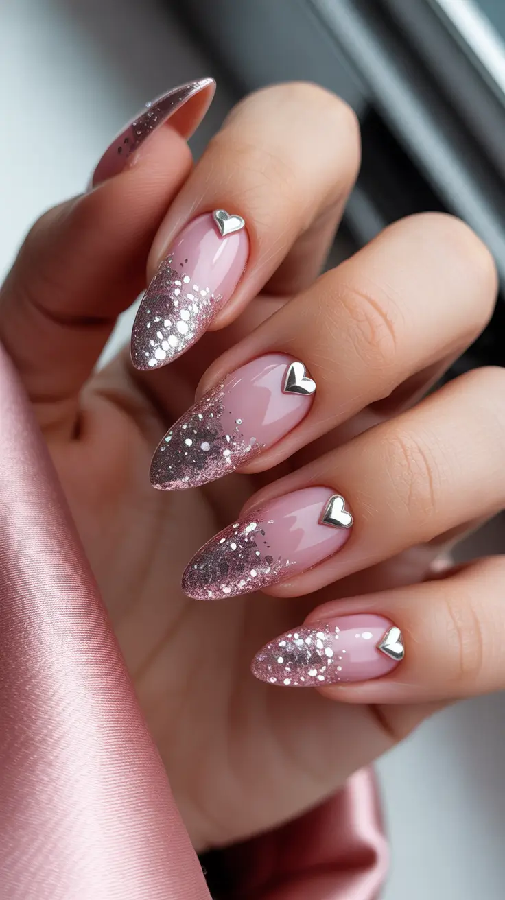 February nails designs 2026 Blush Pink Nails With Silver Glitter and Heart Details