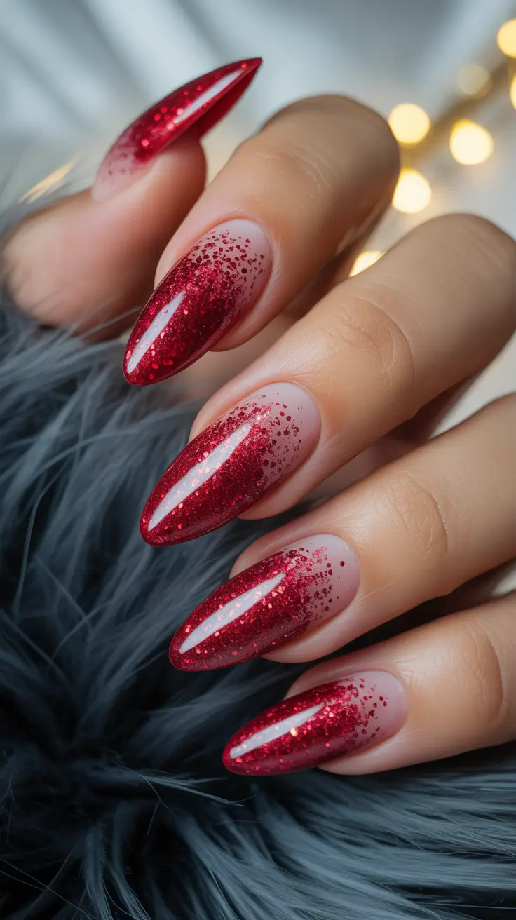 February nails designs 2026 Red Glitter Ombre Almond Nails