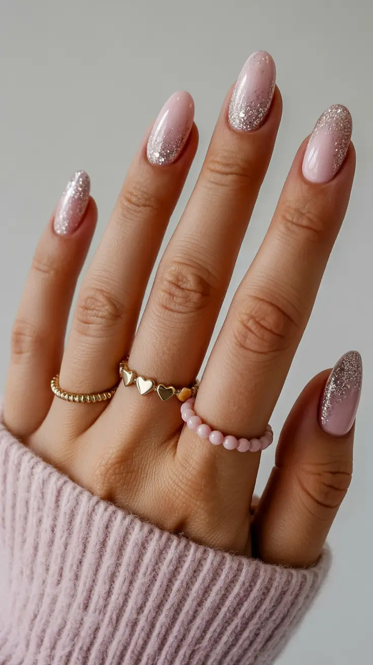 February nails designs 2026 Soft Pink Nails With Delicate Glitter Tips