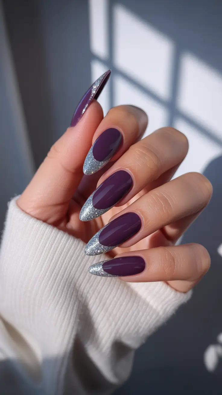 February nails designs 2026 Deep Plum Nails With Silver French Tips