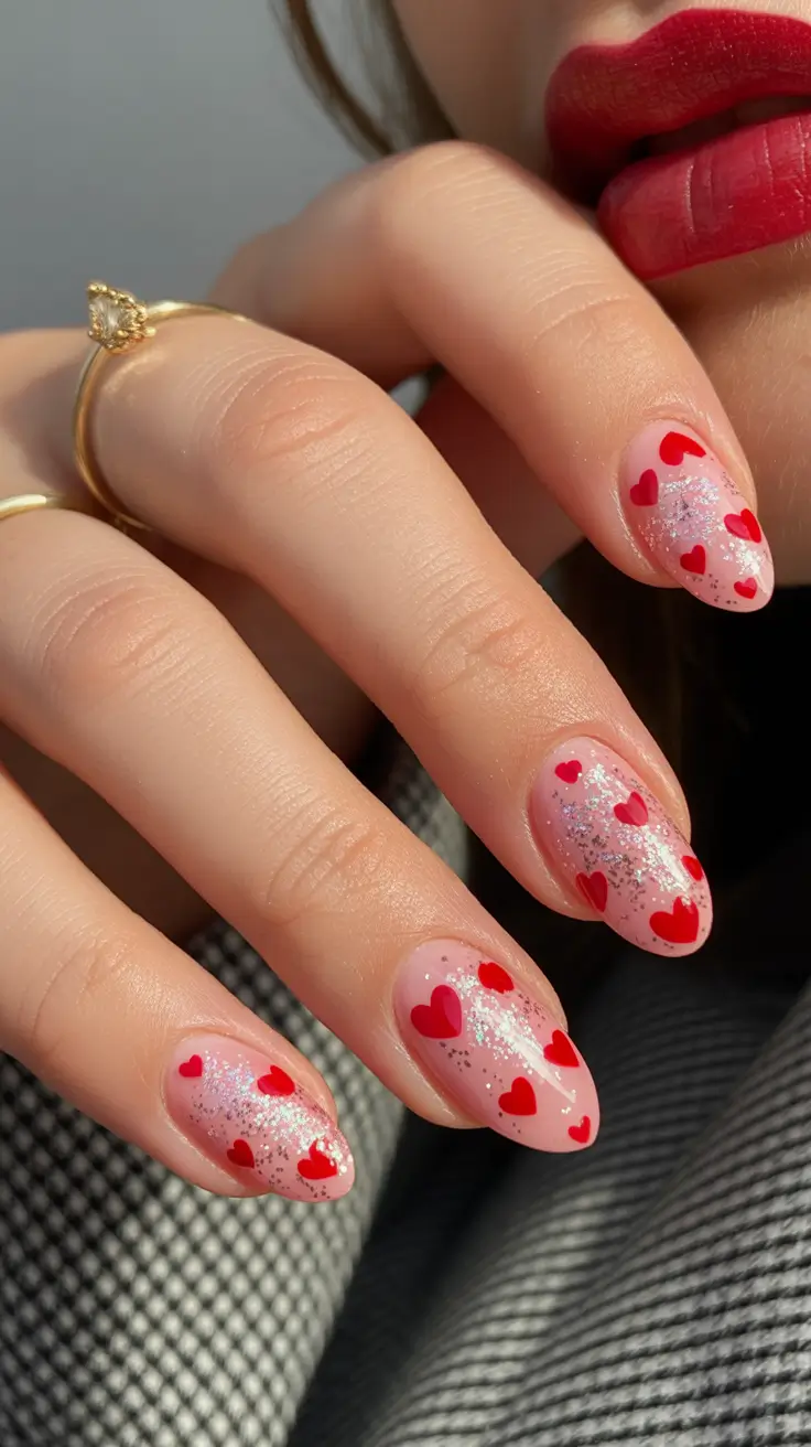 February nails designs 2026 Soft Pink Nails With Red Hearts and Silver Sparkle