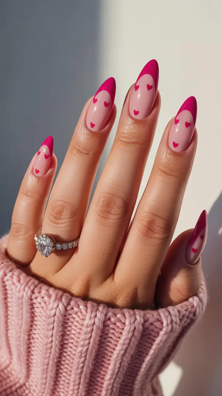 February nails designs 2026 Pink and Berry Almond Nails With Mini Heart Details