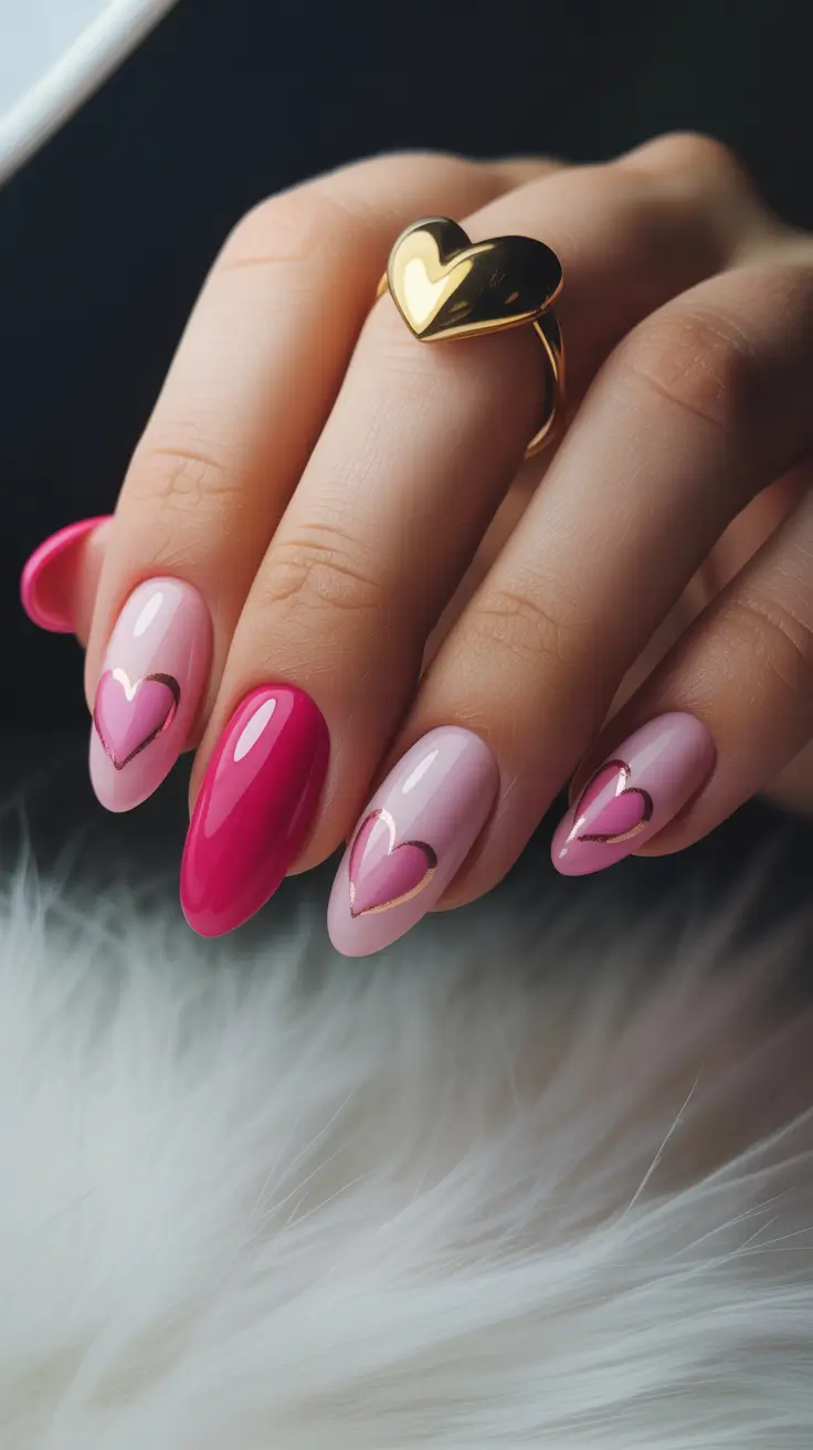 February nails designs 2026 Glossy Pink and Red Nails With Heart Cutout Motifs