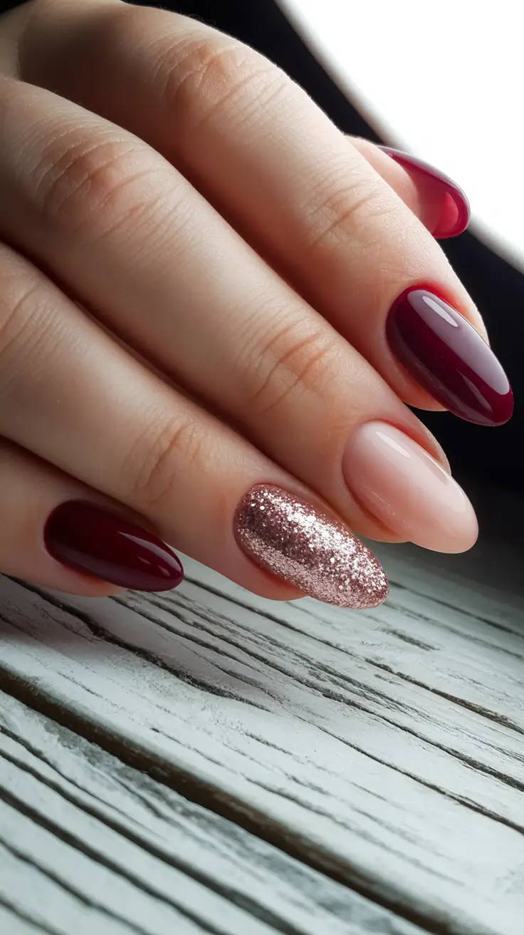 February nails designs 2026 Burgundy Romance With a Glitter Accent