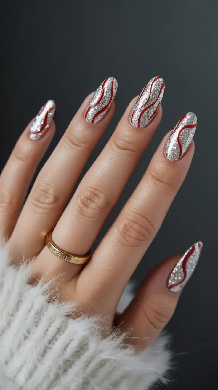 February nails designs 2026 Silver Glitter Nails With Flowing Red Line Art