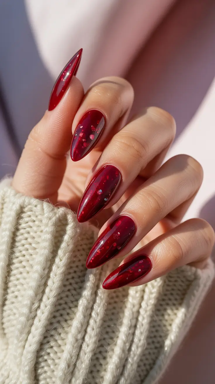 February nails designs 2026 Deep Red Almond Nails With Subtle Sparkle