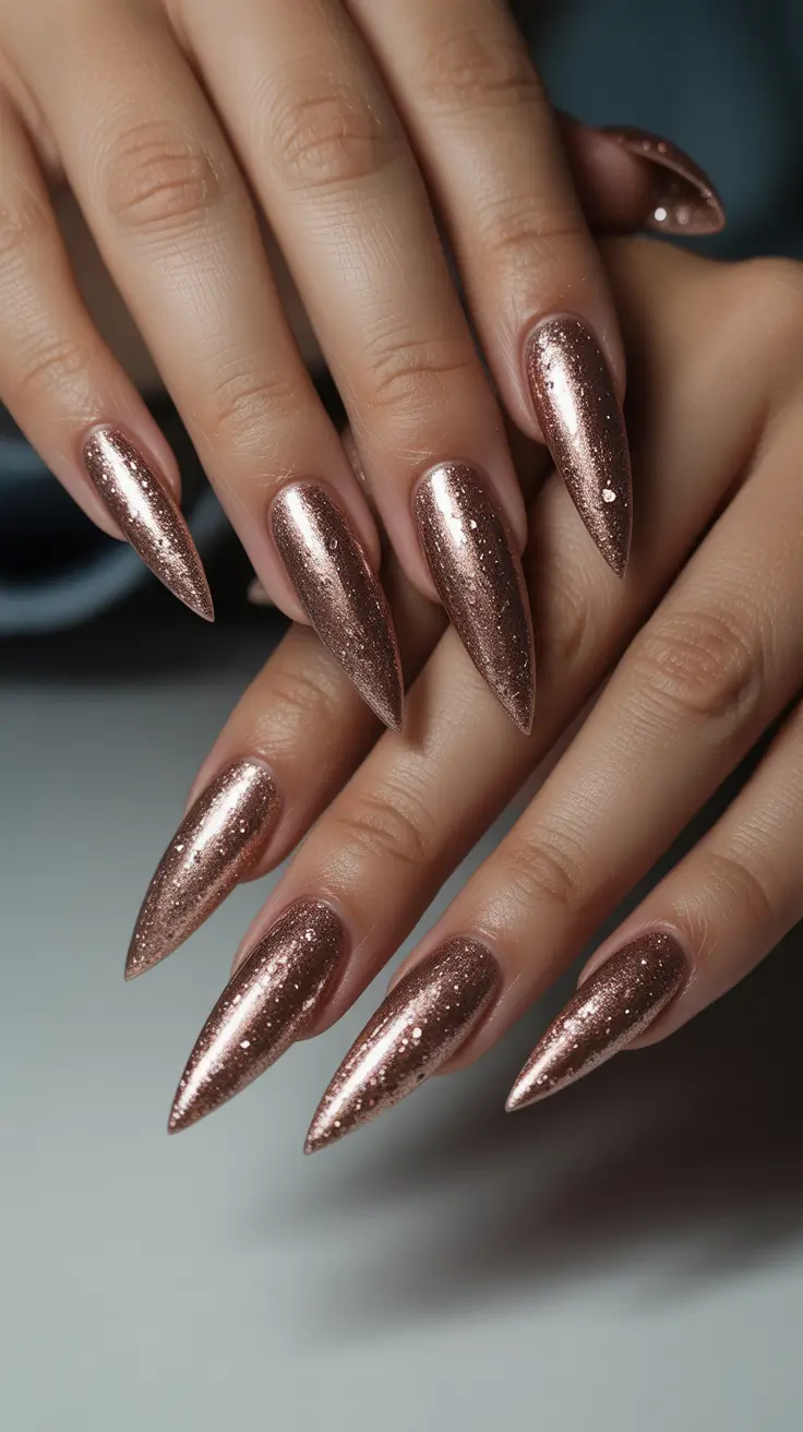 February nails designs 2026 Rose-Gold Stiletto Nails With a Metallic Glow