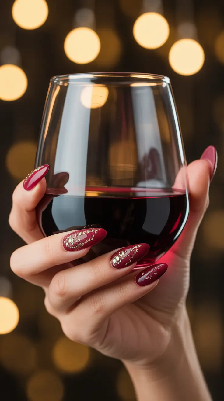 February nails designs 2026 Wine Red Elegance With Gold Flecks