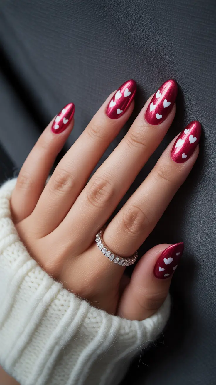 February nails designs 2026 Classic Red Nails With Scattered Heart Details