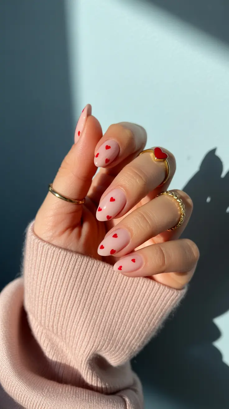 February nails designs 2026 Minimal Nude Nails With Tiny Red Hearts