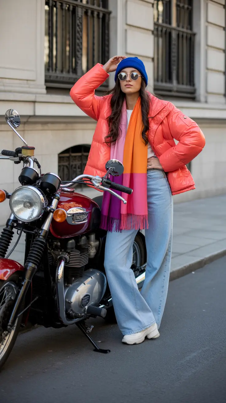 February outfits ideas 2026 Bold Color Play Against Winter Neutrals