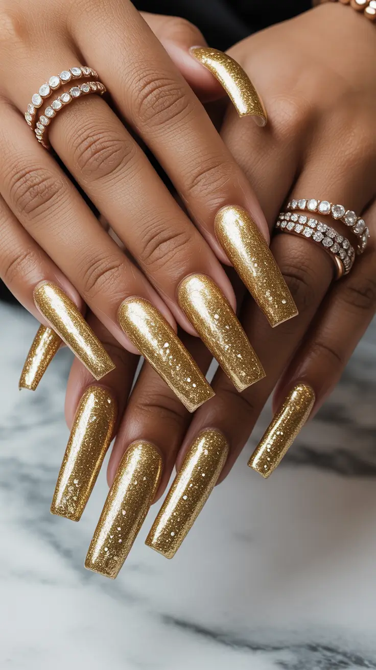 gold nail designs 2026 Liquid Gold Statements with Sculptural Length