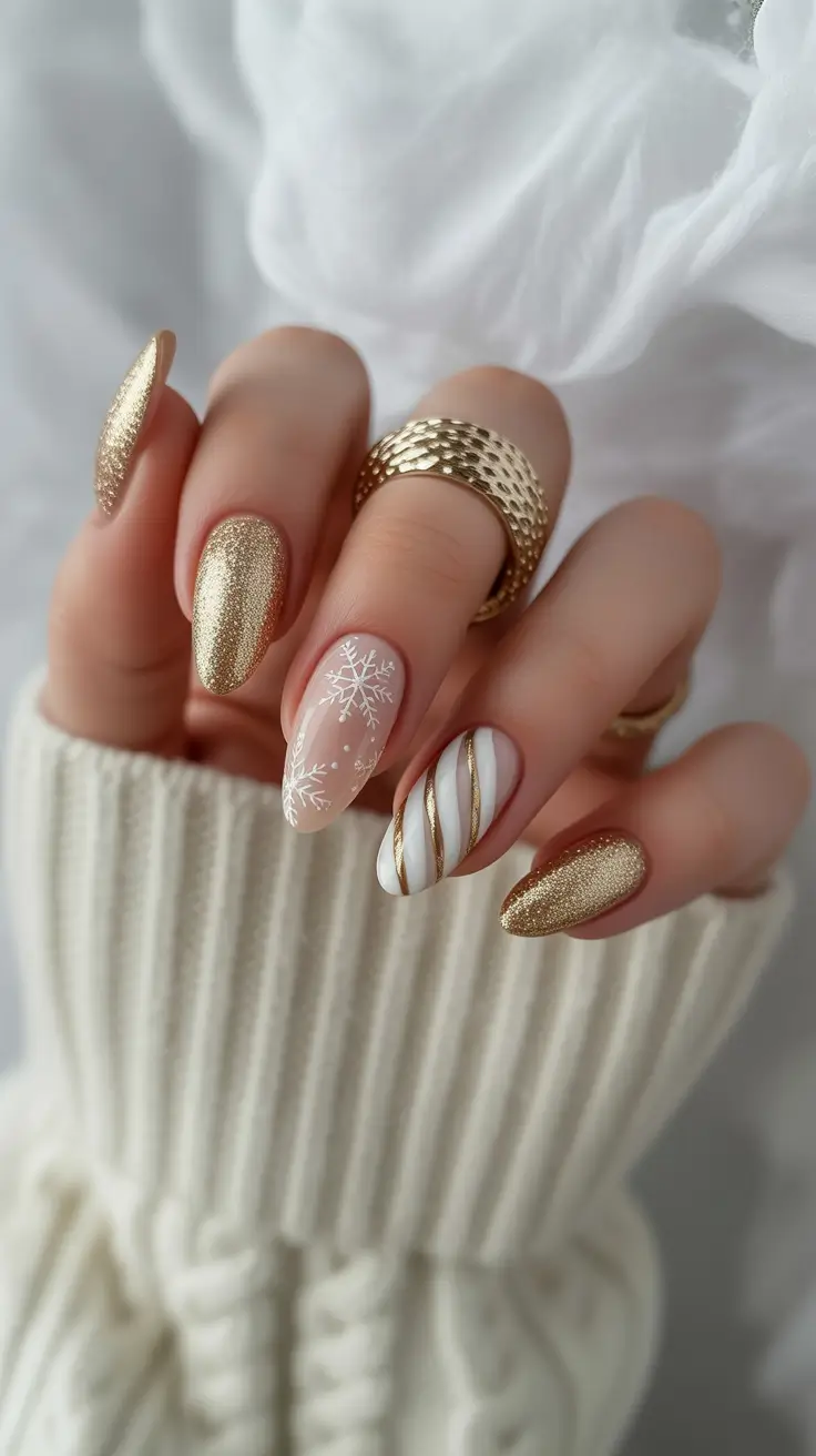 gold nail designs 2026 Winter-Inspired Gold with Soft White Details