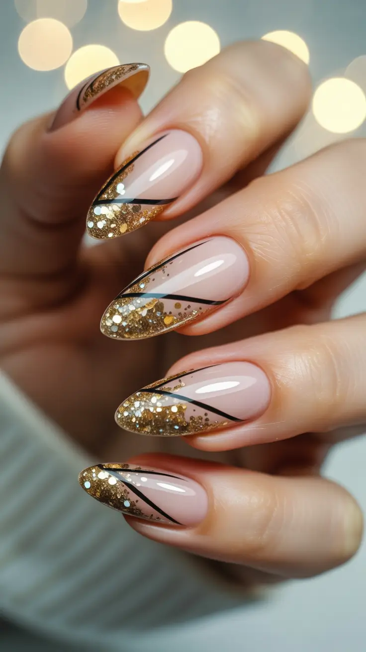 gold nail designs 2026 Diagonal Gold Glitter with Graphic Black Lines