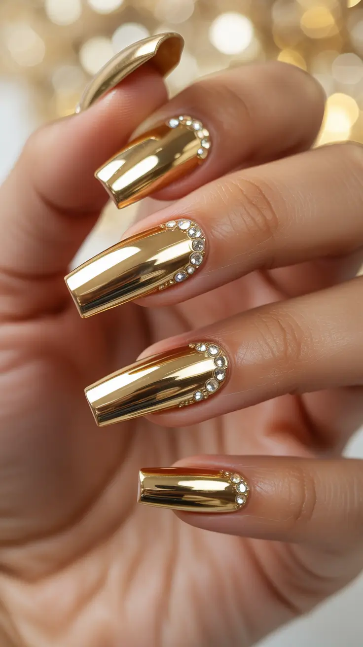 gold nail designs 2026 High-Gloss Gold with Crystal-Framed Cuticles