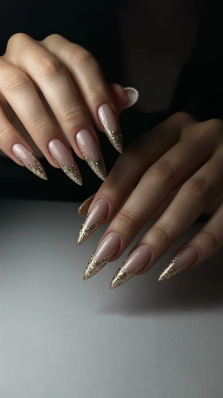 gold nail designs 2026 Classic Nude Stiletto with Gold-Dipped Tips