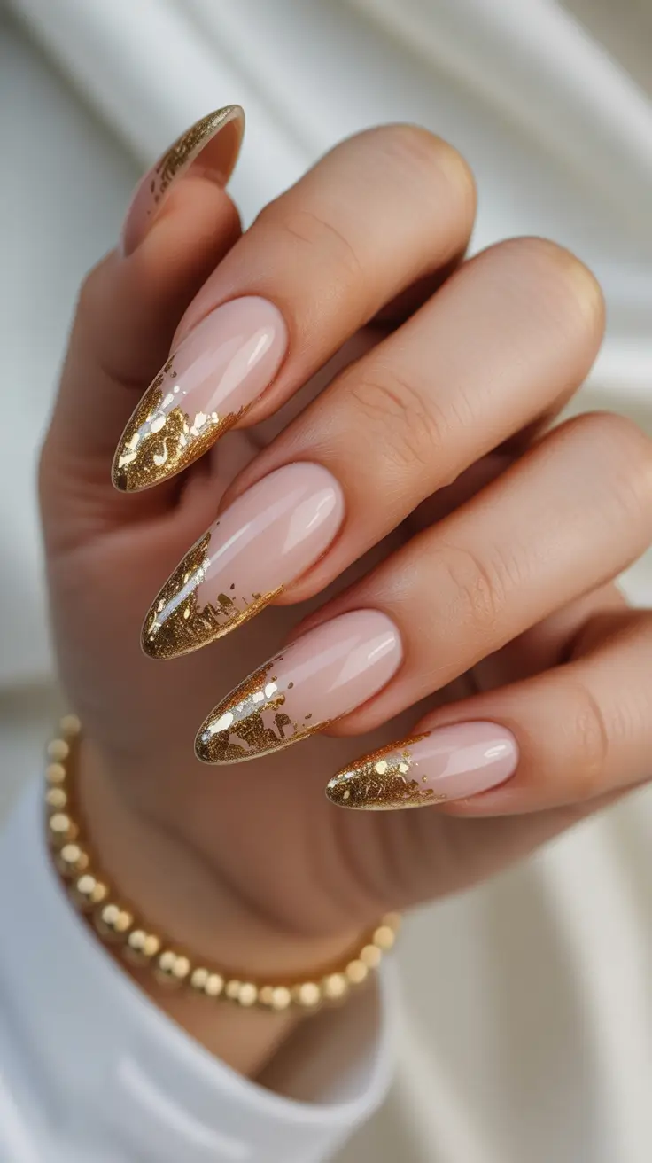 gold nail designs 2026 Soft Nude Almonds with Gold-Leaf French Tips
