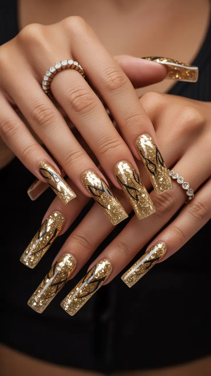 gold nail designs 2026 Full-Coverage Gold Glitter with Graphic Black Accents