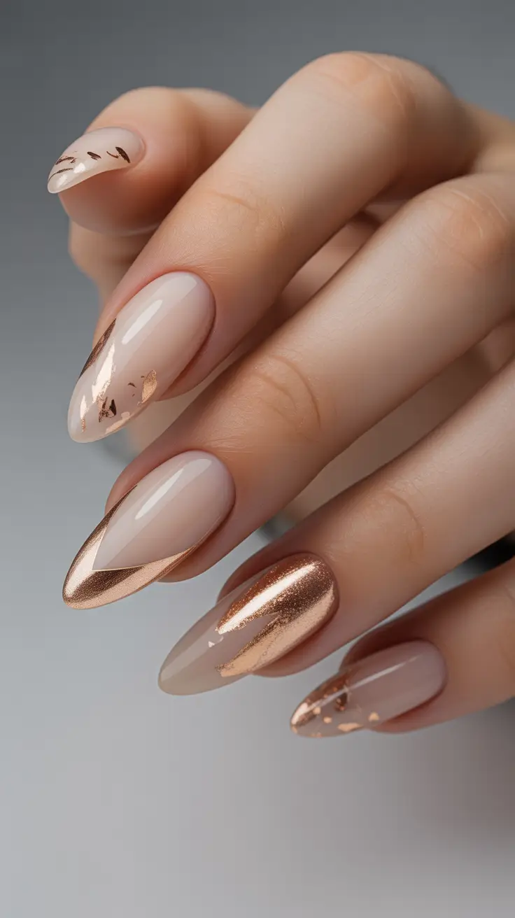gold nail designs 2026 Soft Nude Gold with Minimal Metallic Accents