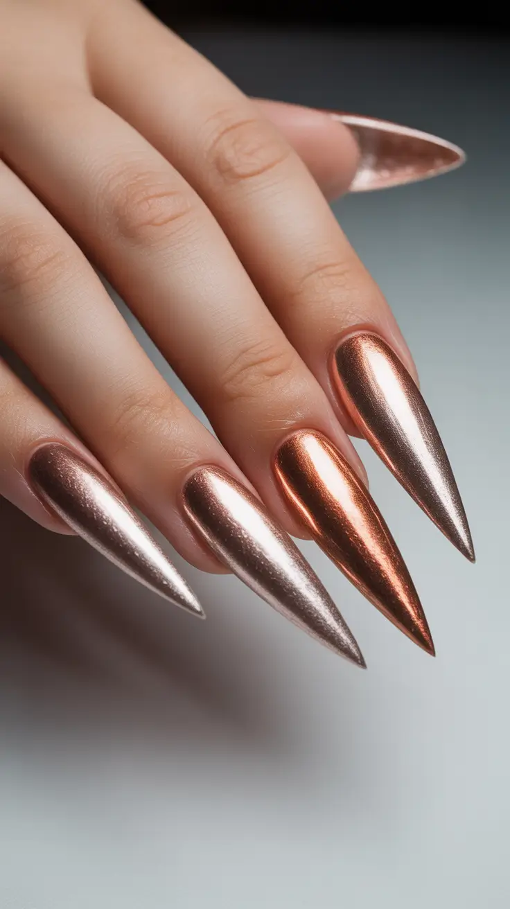 gold nail designs 2026 High-Shine Rose Gold with Sharp Geometry