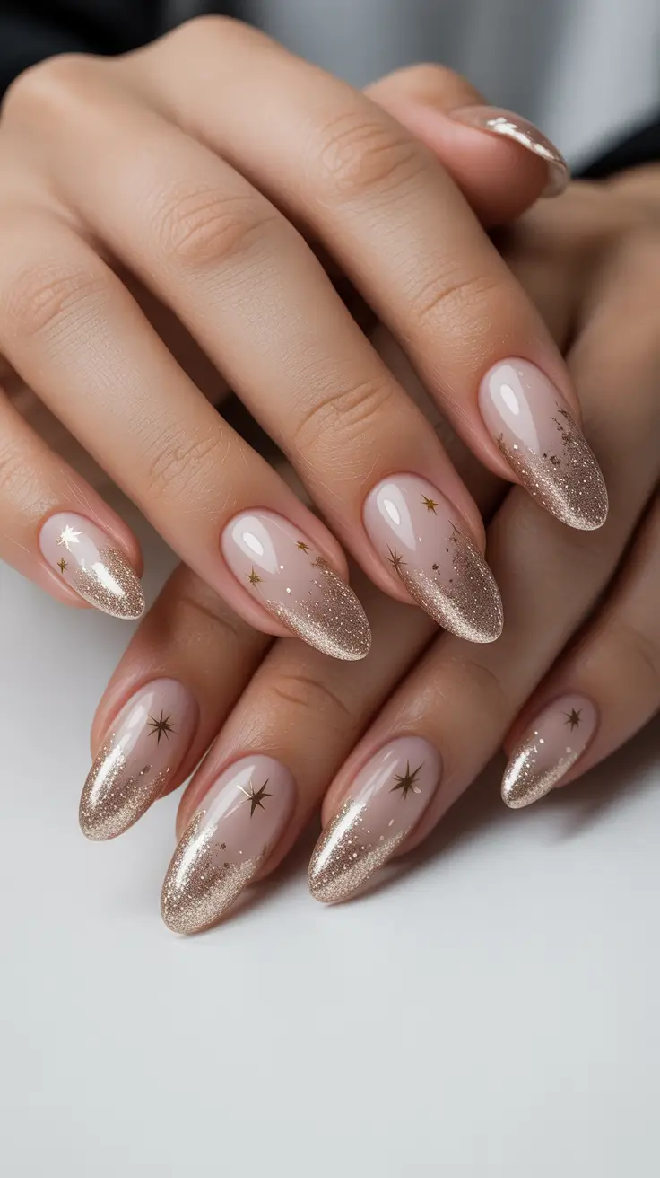 gold nail designs 2026 Celestial Nude Gold with Fine Stardust Details