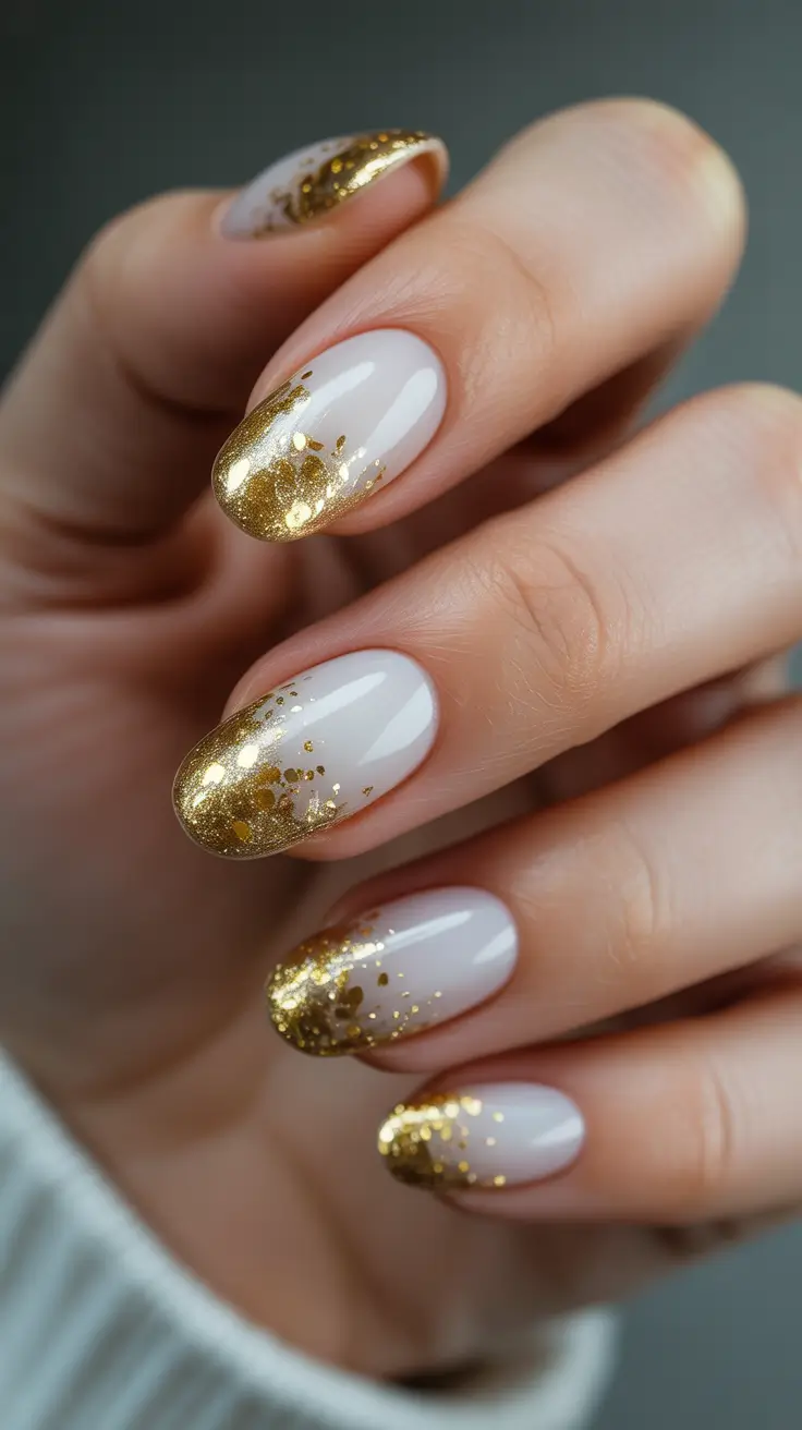 gold nail designs 2026 Classic Milky White with Gold Foil French Tips