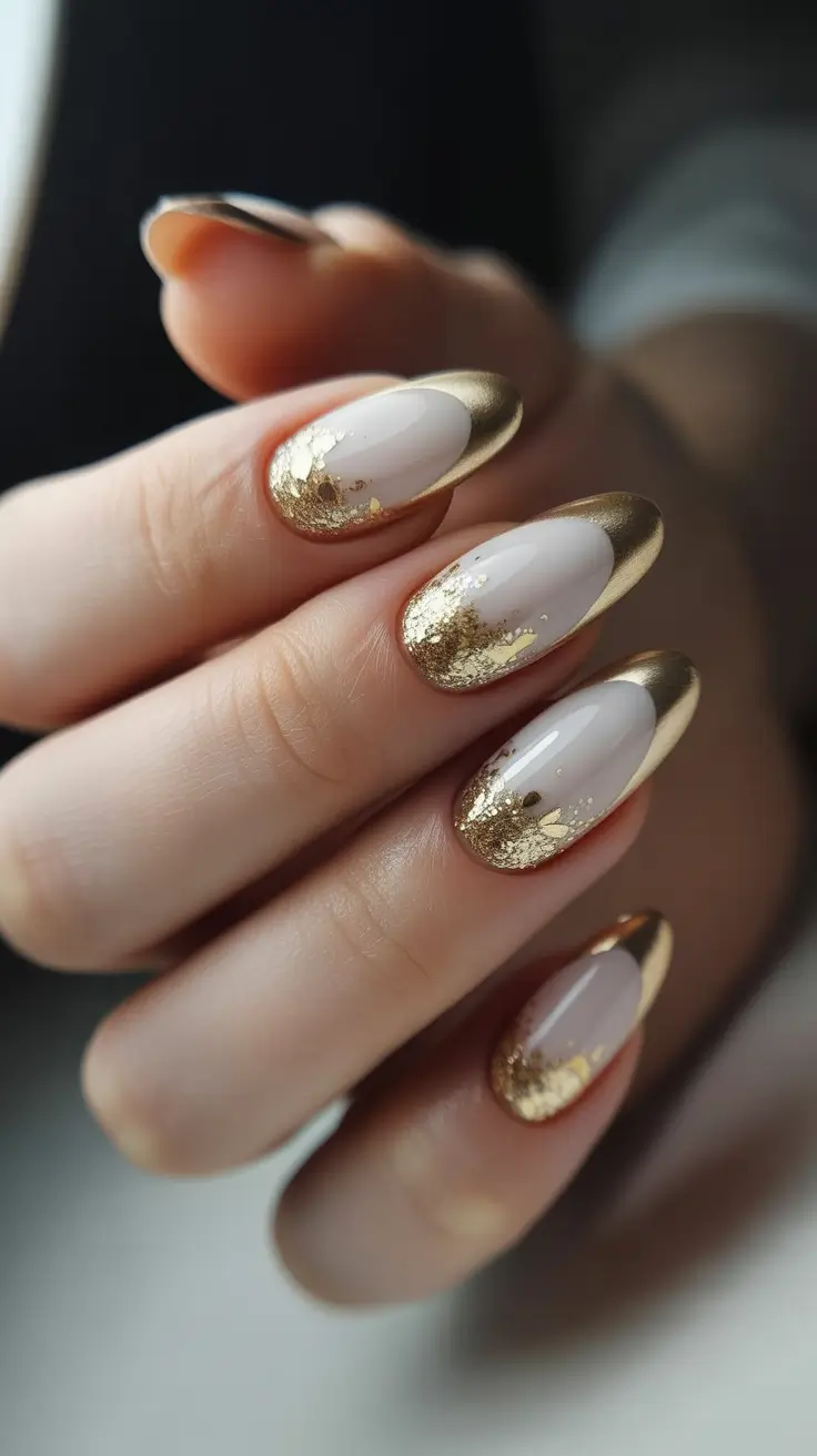 gold nail designs 2026 Soft Nude Almonds with Burnished Gold Edges