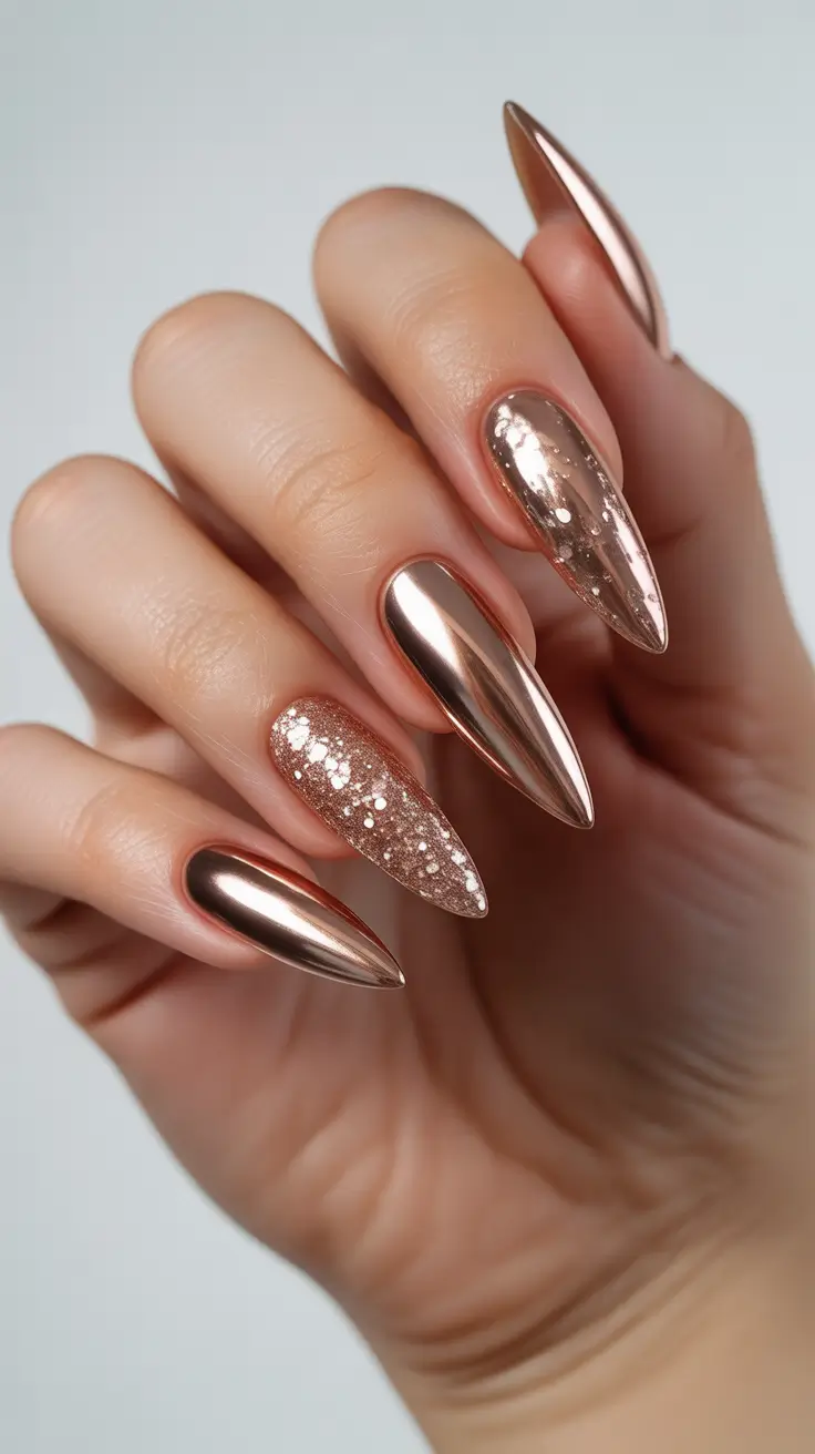 gold nail designs 2026 Rose Gold Chrome with Glitter Contrast Accents