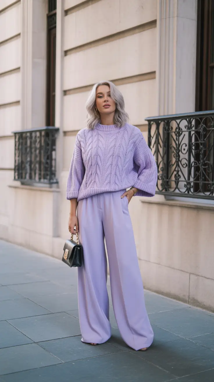 luxe spring wardrobe pieces 2026 lavender monochrome outfit