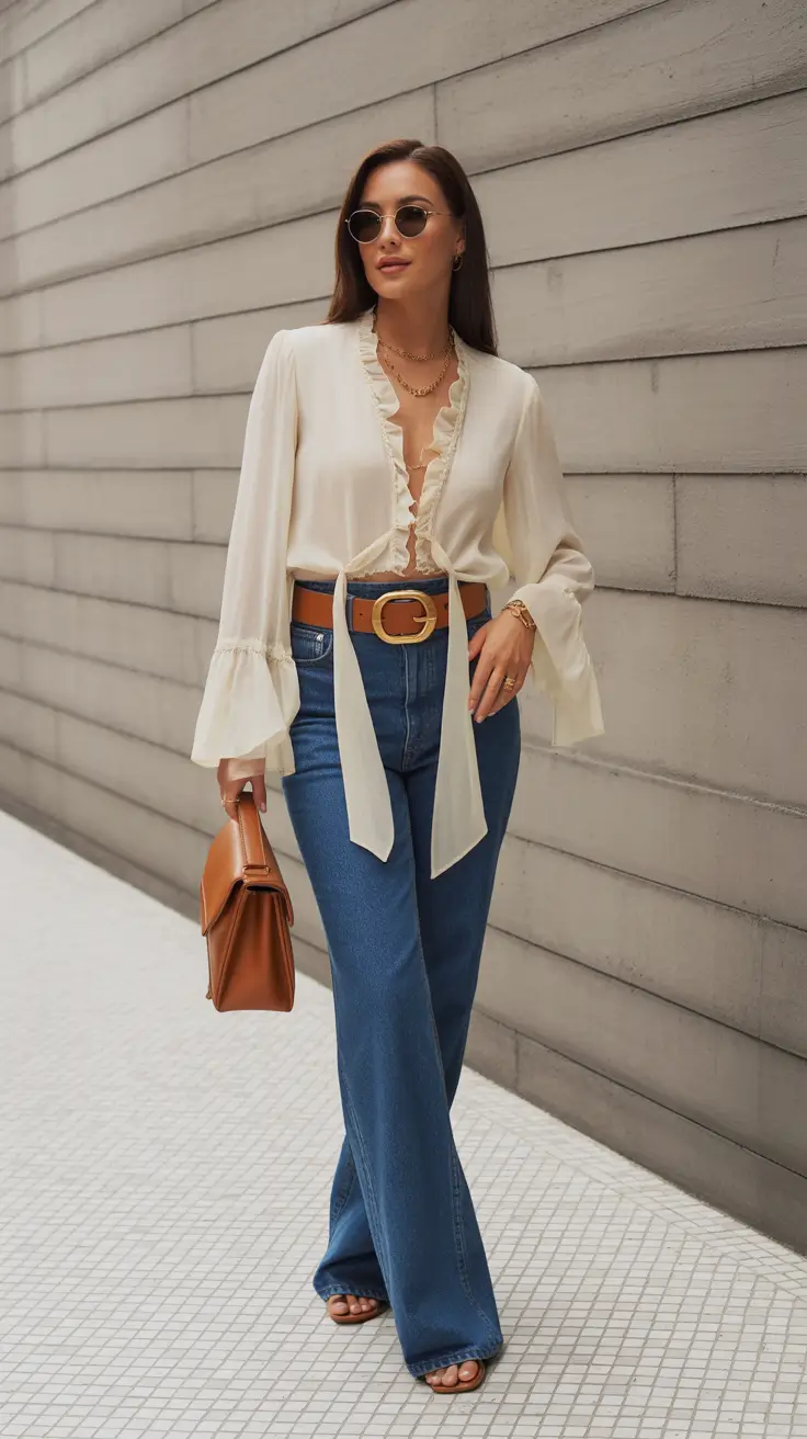 luxe spring wardrobe pieces 2026 romantic blouse denim look