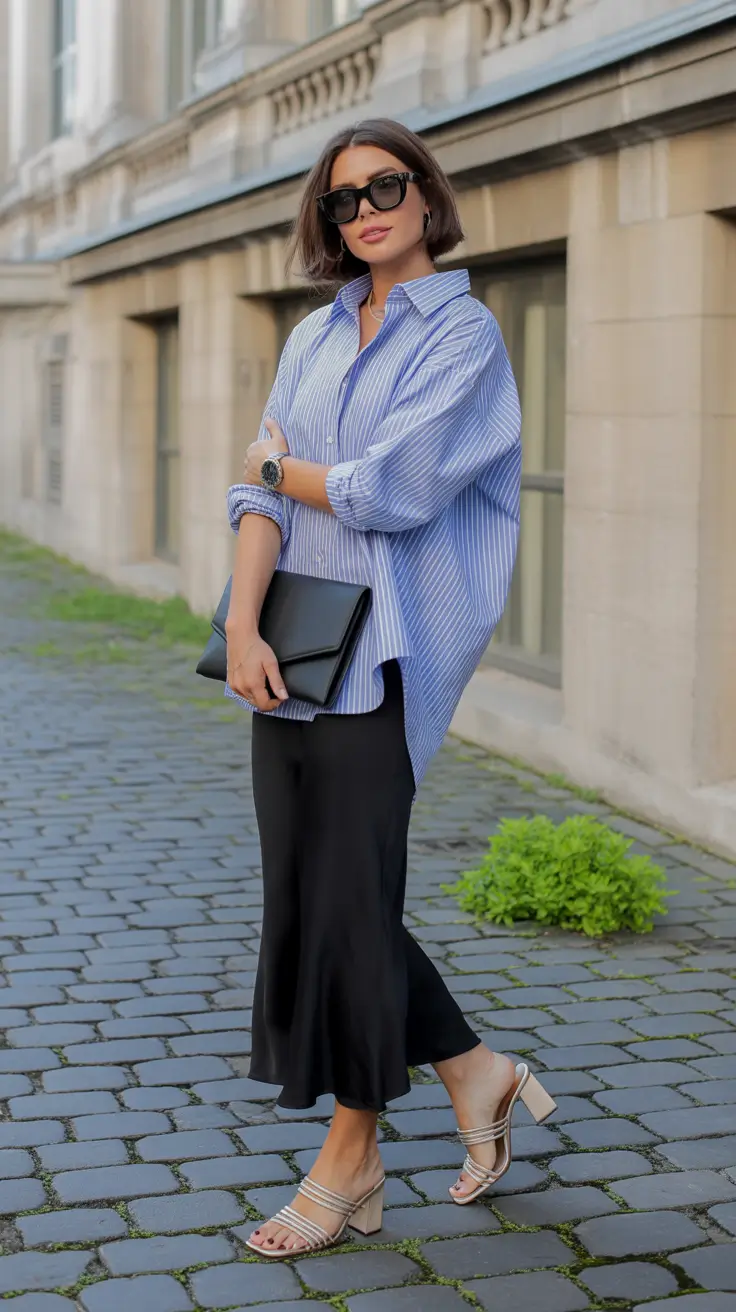 luxe spring wardrobe pieces 2026 striped shirt midi skirt look