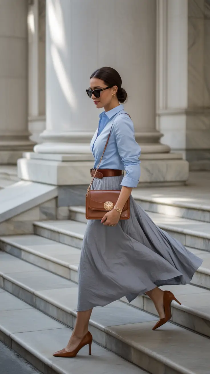 luxe spring wardrobe pieces 2026 classic shirt flowing skirt