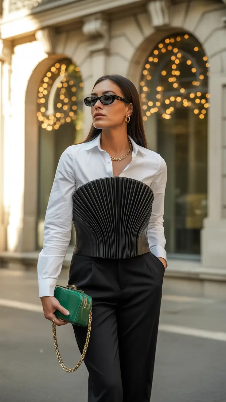 minimalist spring date night outfit 2026 Crisp Contrast With a Sculptural Core