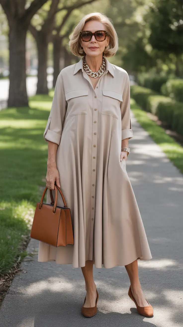 Minimalist Spring Outfits for Women Over 60 2026 Soft Neutrals Shirt Dress
