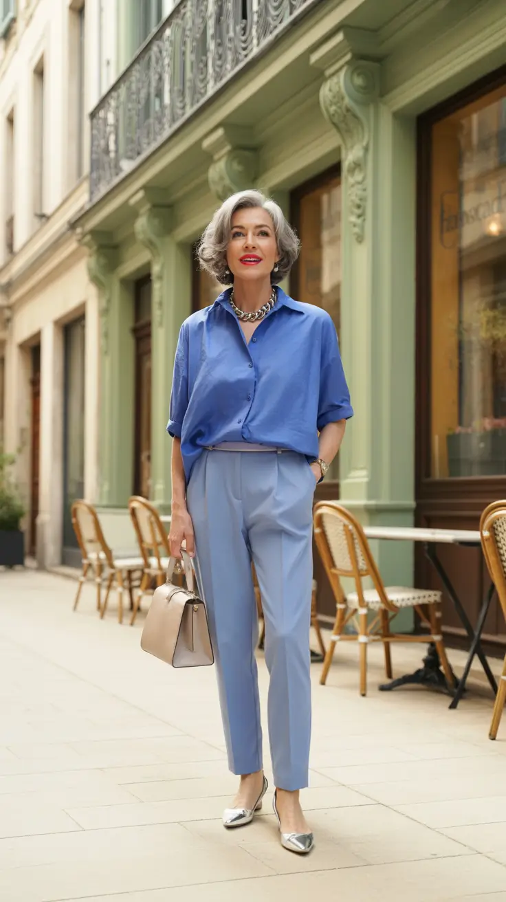 Minimalist Spring Outfits for Women Over 60 2026 Blue Tailored Look