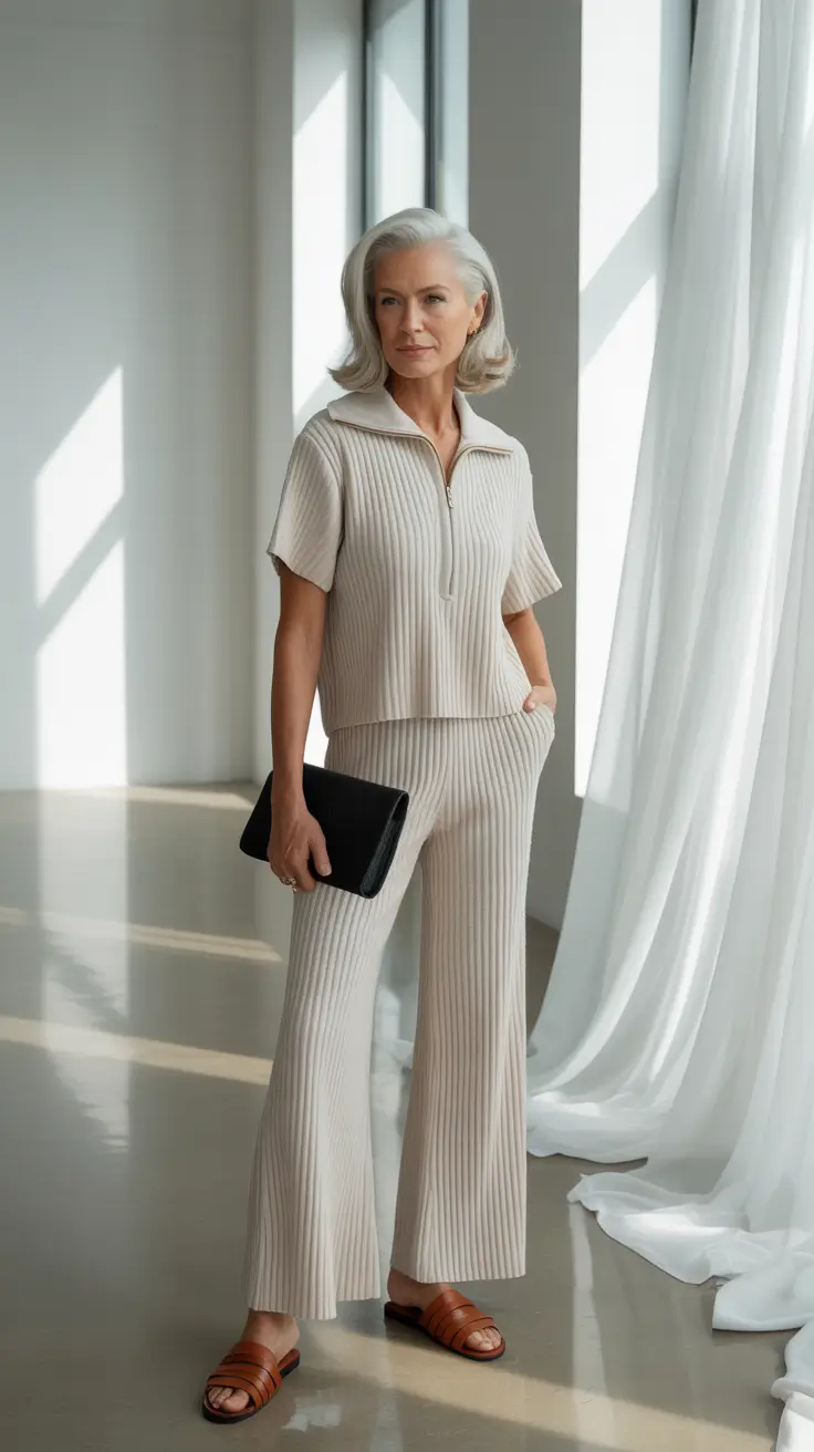 Minimalist Spring Outfits for Women Over 60 2026 Neutral Knit Set