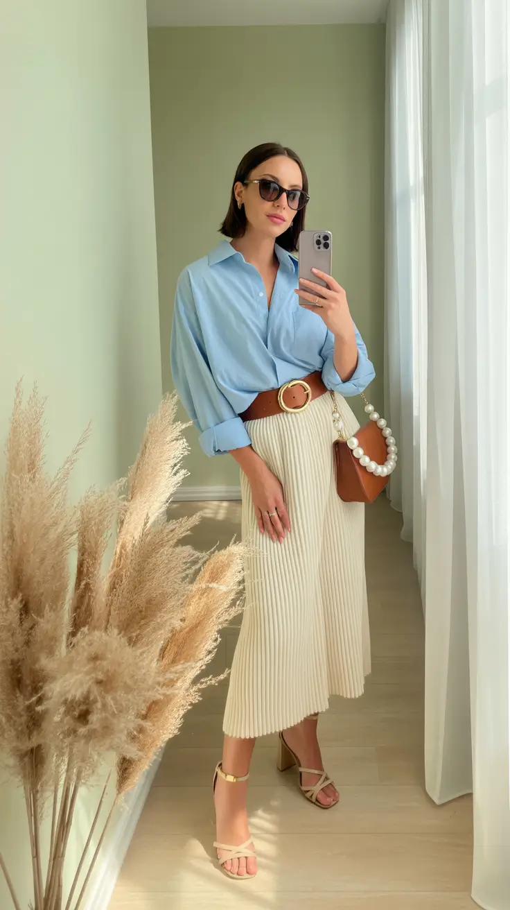 modern spring birthday outfit 2026 Polished blue and cream with a vintage-inspired twist